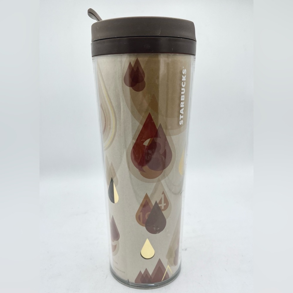 2012 Starbucks Travel Tumbler 16 oz Coffee Cup‎ Mug Gold Beige Drip